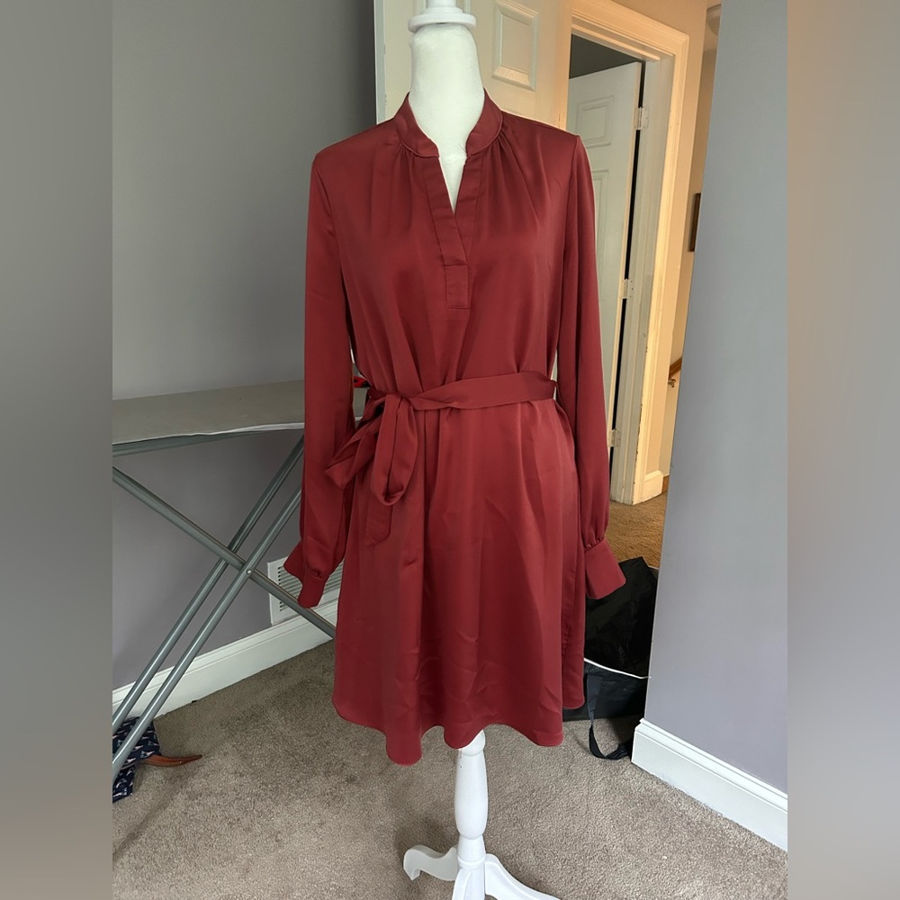 She + Sky Red Long Sleeve Shirt Dress